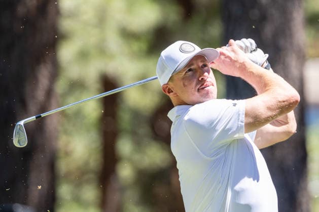 STATELINE, NV - JULY 09: Drew Brees tees off on the seventh hole during the preview round of the American Century Championship on July 9, 2026 at Edgewood Tahoe Golf Course in Stateline, NV. (Photo by Matthew Huang Icon Sportswire) GOLF: JUL 09 American Century Championship EDITORIAL USE ONLY Icon260709100