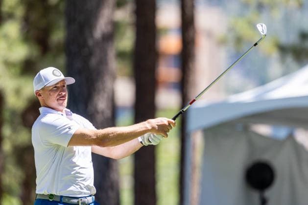 STATELINE, NV - JULY 09: Drew Brees tees off on the seventh hole during the preview round of the American Century Championship on July 9, 2026 at Edgewood Tahoe Golf Course in Stateline, NV. (Photo by Matthew Huang Icon Sportswire) GOLF: JUL 09 American Century Championship EDITORIAL USE ONLY Icon260709101