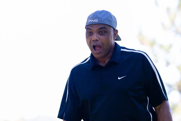 STATELINE, NV - JULY 09: Charles Barkley makes a face at fans during the preview round of the American Century Championship on July 9, 2026 at Edgewood Tahoe Golf Course in Stateline, NV. (Photo by Matthew Huang Icon Sportswire) GOLF: JUL 09 American Century Championship EDITORIAL USE ONLY Icon260709102