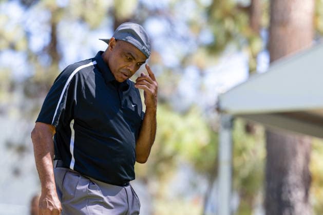 STATELINE, NV - JULY 09: Charles Barkley reacts to his tee shot on the seventh hole during the preview round of the American Century Championship on July 9, 2026 at Edgewood Tahoe Golf Course in Stateline, NV. (Photo by Matthew Huang Icon Sportswire) GOLF: JUL 09 American Century Championship EDITORIAL USE ONLY Icon260709106