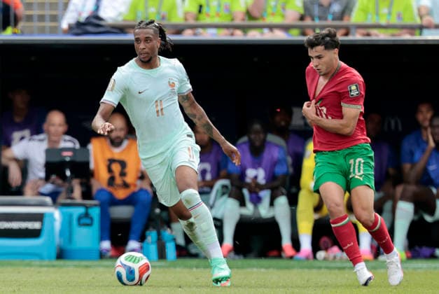 FOXBOROUGH, MA - JULY 09: Michael Olise 11 of France moves from Brahim Diaz 10 of Morocco during a FIFA World Cup, WM, Weltmeisterschaft, Fussball 2026 Quarterfinal match between France and Morocco on July 9, 2026 at Boston Stadium in Foxborough, Massachusetts.(Photo by Fred Kfoury III Icon Sportswire) SOCCER: JUL 09 FIFA World Cup 26 Quarter-Final - France v Morocco EDITORIAL USE ONLY Icon482260709034