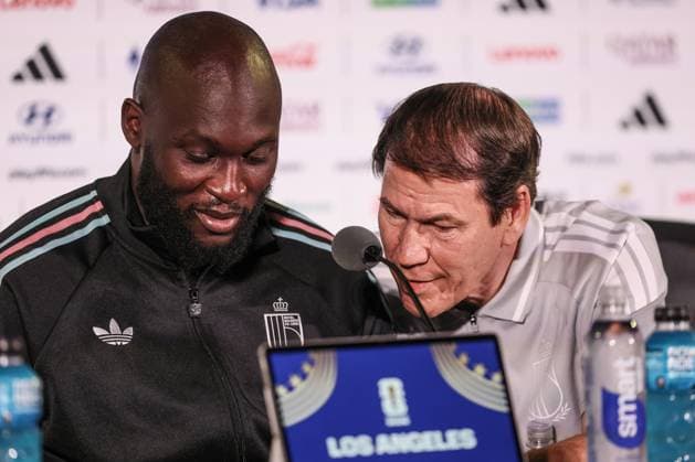 Belgium s Romelu Lukaku and Belgium s head coach Rudi Garcia pictured during a press conference, PK, Pressekonferenz of Belgian national soccer team Red Devils, on Thursday 09 July 2026 at SoFi Stadium, Inglewood, Los Angeles County, California, USA. The Rode Duivels - Diables Rouges qualified for the knockout stage of the 2026 FIFA World Cup, WM, Weltmeisterschaft, Fussball where they ll meet Spain in the round of 8 on July 10th. BRUNOxFAHY  x180813523x