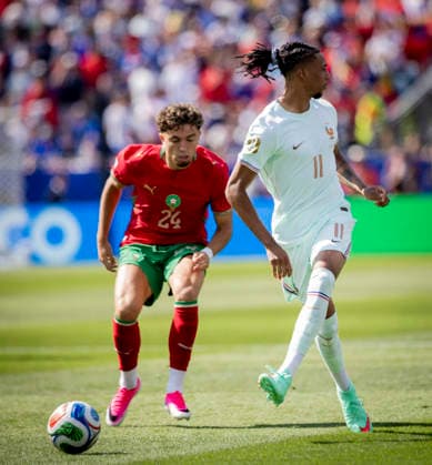 Boston, USA 09th Jul 2026. Michael Olise (FRA) Neil El Aynaoui (MAR) France - Morocco World Cup Frankreich - Marokko 09.07.2026 *** Boston, USA, July 9, 2026 Michael Olise FRA Neil El Aynaoui MAR France Morocco World Cup France Morocco July 9, 2026