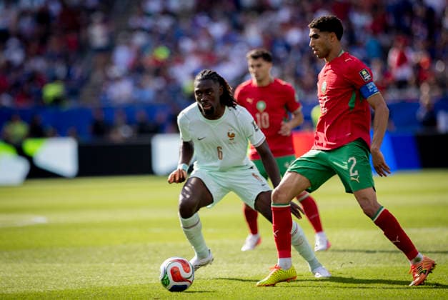 Boston, USA 09th Jul 2026. Manu Kone (FRA) Achraf Hakimi (MAR) France - Morocco World Cup Frankreich - Marokko 09.07.2026 *** Boston, USA, July 9, 2026 Manu Kone FRA Achraf Hakimi MAR France Morocco World Cup France Morocco July 9, 2026