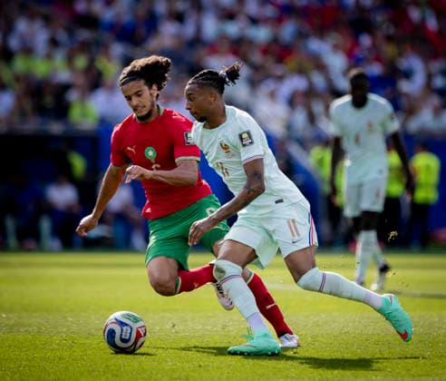 Boston, USA 09th Jul 2026. Michael Olise (FRA) Ayyoub Bouaddi (MAR) France - Morocco World Cup Frankreich - Marokko 09.07.2026 *** Boston, USA, July 9, 2026 Michael Olise FRA Ayyoub Bouaddi MAR France Morocco World Cup France Morocco July 9, 2026