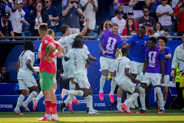 Boston, USA 09th Jul 2026. Ousmane Dembele (FRA) Ibrahima Konate (FRA) Marcus Thuram (FRA) Maghnes Akliouche (FRA) France - Morocco World Cup Frankreich - Marokko 09.07.2026 *** Boston, USA, July 9, 2026 Ousmane Dembele (FRA) Ibrahima Konate (FRA) Marcus Thuram (FRA) Maghnes Akliouche (FRA) France Morocco World Cup France Morocco July 9, 2026