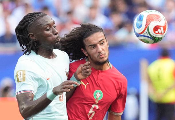 260710 -- BOSTON, July 10, 2026 -- Manu Kone L of France jumps for a header against Ayoub Bouaddi of Morocco during the quarter final match between France and Morocco at the 2026 FIFA World Cup, WM, Weltmeisterschaft, Fussball at Boston Stadium in Boston, the United States, July 9, 2026. SPU.S.-BOSTON-FOOTBALL-FIFA WORLD CUP-QUARTER FINAL-FRA VS MAR LuixSiuxWai  (SP)U.S.-BOSTON-FOOTBALL-FIFA WORLD CUP-QUARTER FINAL-FRA VS MAR IMAGO LuixSiuxWai  imago images 0861207768