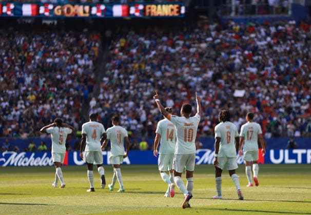 260710 -- BOSTON, July 10, 2026 -- Players of France celebrate scoring during the quarter final match between France and Morocco at the 2026 FIFA World Cup, WM, Weltmeisterschaft, Fussball at Boston Stadium in Boston, the United States, July 9, 2026. SPU.S.-BOSTON-FOOTBALL-FIFA WORLD CUP-QUARTER FINAL-FRA VS MAR HuxXingyu  (SP)U.S.-BOSTON-FOOTBALL-FIFA WORLD CUP-QUARTER FINAL-FRA VS MAR IMAGO HuxXingyu  imago images 0861209337