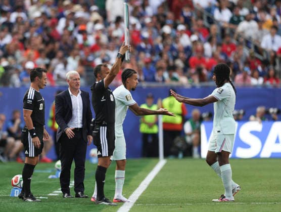 260710 -- BOSTON, July 10, 2026 -- Jules Kunde 1st R of France is substituted off during the quarter final match between France and Morocco at the 2026 FIFA World Cup, WM, Weltmeisterschaft, Fussball at Boston Stadium in Boston, the United States, July 9, 2026. SPU.S.-BOSTON-FOOTBALL-FIFA WORLD CUP-QUARTER FINAL-FRA VS MAR XuxZijian  (SP)U.S.-BOSTON-FOOTBALL-FIFA WORLD CUP-QUARTER FINAL-FRA VS MAR IMAGO XuxZijian  imago images 0861210178