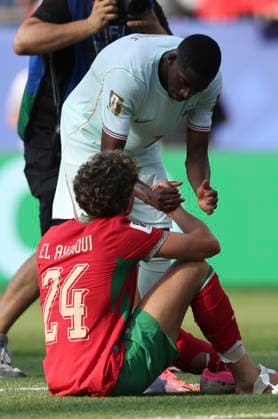 (260710) -- BOSTON, July 10, 2026 -- Ousmane Dembele (up) of France greets Neil El Aynaoui of Morocco after the quarter final match between France and Morocco at the 2026 FIFA World Cup, WM, Weltmeisterschaft, Fussball at Boston Stadium in Boston, the United States, July 9, 2026. ) (SP)U.S.-BOSTON-FOOTBALL-FIFA WORLD CUP-QUARTER FINAL-FRA VS MAR XuxZijian 