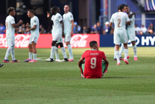 (260710) -- BOSTON, July 10, 2026 -- Soufiane Rahimi of Morocco reacts after the quarter final match between France and Morocco at the 2026 FIFA World Cup, WM, Weltmeisterschaft, Fussball at Boston Stadium in Boston, the United States, July 9, 2026. ) (SP)U.S.-BOSTON-FOOTBALL-FIFA WORLD CUP-QUARTER FINAL-FRA VS MAR XuxZijian 