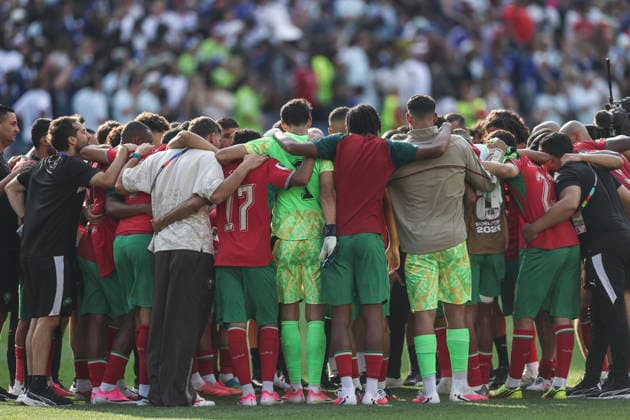 (260710) -- BOSTON, July 10, 2026 -- Team Morocco huddle after the quarter final match between France and Morocco at the 2026 FIFA World Cup, WM, Weltmeisterschaft, Fussball at Boston Stadium in Boston, the United States, July 9, 2026. ) (SP)U.S.-BOSTON-FOOTBALL-FIFA WORLD CUP-QUARTER FINAL-FRA VS MAR HuxXingyu 