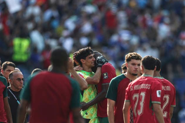 (260710) -- BOSTON, July 10, 2026 -- Players of Morocco react after the quarter final match between France and Morocco at the 2026 FIFA World Cup, WM, Weltmeisterschaft, Fussball at Boston Stadium in Boston, the United States, July 9, 2026. ) (SP)U.S.-BOSTON-FOOTBALL-FIFA WORLD CUP-QUARTER FINAL-FRA VS MAR HuxXingyu 
