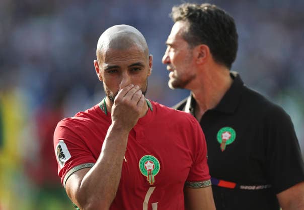(260710) -- BOSTON, July 10, 2026 -- Sofyan Amrabat of Morocco reacts after the quarter final match between France and Morocco at the 2026 FIFA World Cup, WM, Weltmeisterschaft, Fussball at Boston Stadium in Boston, the United States, July 9, 2026. ) (SP)U.S.-BOSTON-FOOTBALL-FIFA WORLD CUP-QUARTER FINAL-FRA VS MAR HuxXingyu 