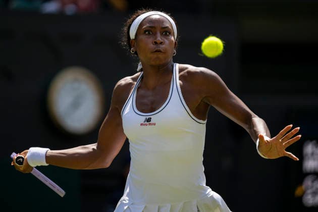 (260710) -- LONDON, July 10, 2026 -- Coco Gauff of the United States hits a return during the women s semifinal match against Karolina Muchova of the Czech Republic at the Wimbledon Tennis Championships in London, Britain, on July 9, 2026. (Photo by Xinhua) (SP)BRITAIN-LONDON-TENNIS-WIMBLEDON-WOMEN S SINGLES StephenxChung 