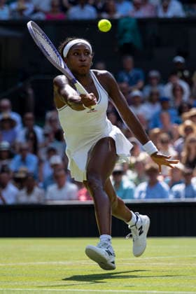 (260710) -- LONDON, July 10, 2026 -- Coco Gauff of the United States hits a return during the women s semifinal match against Karolina Muchova of the Czech Republic at the Wimbledon Tennis Championships in London, Britain, on July 9, 2026. (Photo by Xinhua) (SP)BRITAIN-LONDON-TENNIS-WIMBLEDON-WOMEN S SINGLES StephenxChung 