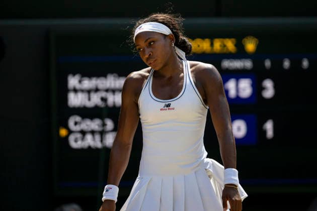 (260710) -- LONDON, July 10, 2026 -- Coco Gauff of the United States reacts during the women s semifinal match against Karolina Muchova of the Czech Republic at the Wimbledon Tennis Championships in London, Britain, on July 9, 2026. (Photo by Xinhua) (SP)BRITAIN-LONDON-TENNIS-WIMBLEDON-WOMEN S SINGLES StephenxChung 