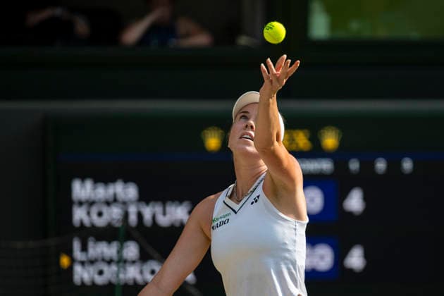 (260710) -- LONDON, July 10, 2026 -- Linda Noskova of the Czech Republic serves during the women s semifinal match against Marta Kostyuk of Ukraine at the Wimbledon Tennis Championships in London, Britain, on July 9, 2026. (Photo by Xinhua) (SP)BRITAIN-LONDON-TENNIS-WIMBLEDON-WOMEN S SINGLES StephenxChung 