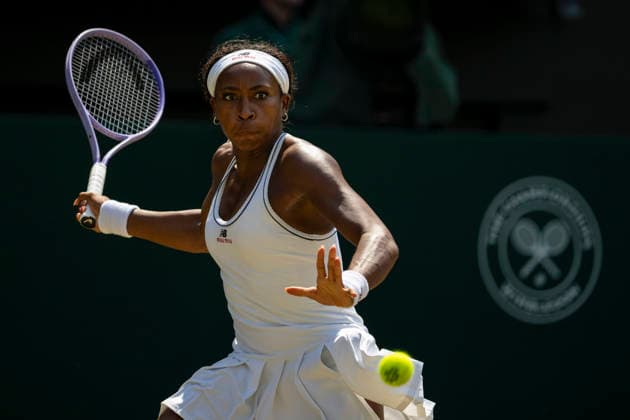 (260710) -- LONDON, July 10, 2026 -- Coco Gauff of the United States hits a return during the women s semifinal match against Karolina Muchova of the Czech Republic at the Wimbledon Tennis Championships in London, Britain, on July 9, 2026. (Photo by Xinhua) (SP)BRITAIN-LONDON-TENNIS-WIMBLEDON-WOMEN S SINGLES StephenxChung 