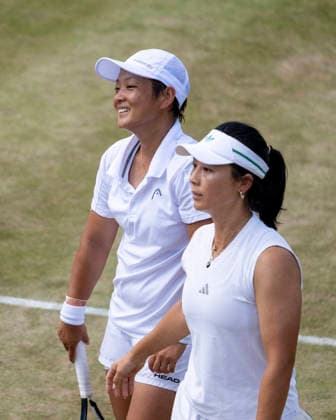 (260710) -- LONDON, July 10, 2026 -- Jiang Xinyu (L) Xu Yifan react during the women s doubles quarterfinal match between Ingrid Neel (Estonia) Giuliana Olmos (Mexico) and Jiang Xinyu Xu Yifan of China at the Wimbledon Tennis Championships in London, Britain, on July 9, 2026. (Photo by Xinhua) (SP)BRITAIN-LONDON-TENNIS-WIMBLEDON-WOMEN S DOUBLES StephenxChung 