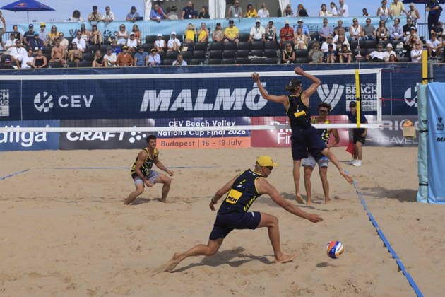 MALMÖ, SWEDEN 20260710 Sweden s Alfred Mjörnheim and Jacob Hölting Nilsson against Austria s Philipp Sponer and Maximilian Trummer during the Beach Pro Tour Futures volleyball tournament at Ribersborgsstranden in Malmö. MALMÖ SWEDEN x10600x *** MALMÖ, SWEDEN, July 10, 2026: Sweden s Alfred Mjörnheim and Jacob Hölting Nilsson face off against Austria s Philipp Sponer and Maximilian Trummer during the Beach Pro Tour Futures volleyball tournament at Ribersborgsstranden in Malmö, MALMÖ, SWEDEN x10600x  Copyright: xAndreasxHillergren TTx BEACH VOLLEYBALL TOURNAMENT STARTS IN MALMÖ