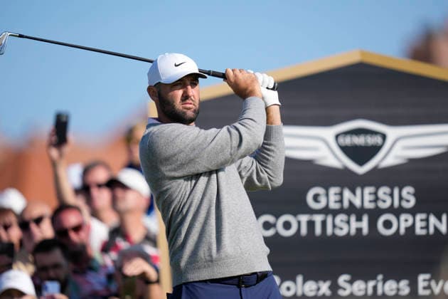 NORTH BERWICK, SCOTLAND - JULY 10: Scottie Scheffler plays from the 10th tee during Round 2 of the Genesis Scottish Open at the Renaissance Club, North Berwick on July 10, 2026 in North Berwick, Scotland Genesis Scottish Open Round 2