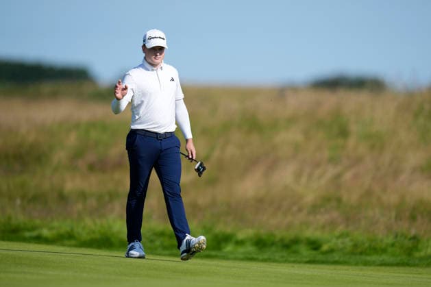 NORTH BERWICK, SCOTLAND - JULY 10: Jayden Schaper reacts after holing a putt on the twelfth green during Round 2 of the Genesis Scottish Open at the Renaissance Club, North Berwick on July 10, 2026 in North Berwick, Scotland Genesis Scottish Open Round 2