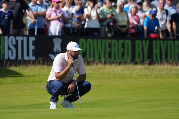 RECORD DATE NOT STATED 10th July 2026; The Renaissance Club, North Berwick, East Lothian, Scotland: Genesis Scottish Open Golf, Day Two; Scottie Scheffler lines up his putt on the green at the 15th hole during the second round of the Genesis Scottish Open AlecxBrown