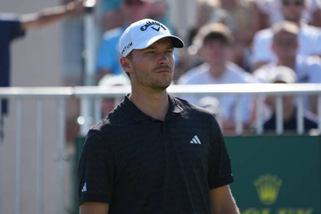 RECORD DATE NOT STATED 10th July 2026; The Renaissance Club, North Berwick, East Lothian, Scotland: Genesis Scottish Open Golf, Day Two; Nicolai Hojgaard remains focused before his shot on the 15th hole during the second round of the Genesis Scottish Open AlecxBrown