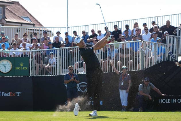 RECORD DATE NOT STATED 10th July 2026; The Renaissance Club, North Berwick, East Lothian, Scotland: Genesis Scottish Open Golf, Day Two; Nicolai Hojgaard plays his tee shot on the 15th hole during the second round AlecxBrown