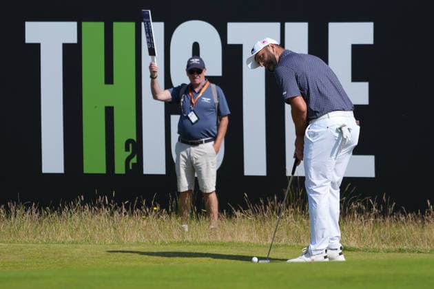 RECORD DATE NOT STATED 10th July 2026; The Renaissance Club, North Berwick, East Lothian, Scotland: Genesis Scottish Open Golf, Day Two; Jon Rahm putts for birdie on the 15th hole at The Renaissance Club during the second round of the Genesis Scottish Open and misses AlecxBrown