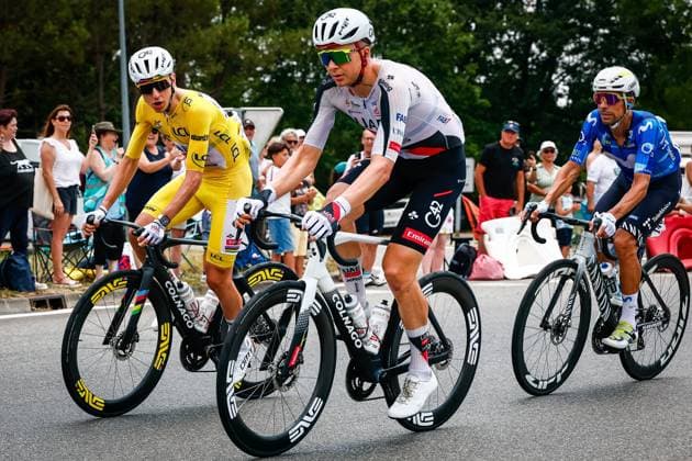 Slovenian Tadej Pogacar of UAE Team Emirates XRG, Belgian Florian Vermeersch of UAE Team Emirates XRG and Portuguese Nelson Oliveira of Movistar Team pictured in action during stage 7 of the 2026 Tour de France cycling race, 175km from Hagetmau to Bordeaux, on Friday 10 July 2026. The 113th edition of the Tour de France starts on Saturday 4 July in Barcelona, Spain, and will finish in Paris, France on the 26th of July. POOLxLUCAxBETTINI  x180869385x