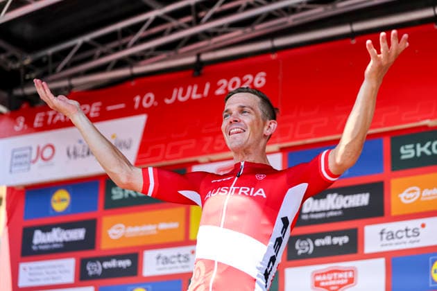 CYCLING - Tour of Austria 2026 SANKT JOHANN,AUSTRIA,10.JUL.26 - CYCLING - Tour of Austria, stage 3, Lienz - Sankt Johann im Pongau. Image shows the rejoicing of Gregor Muehlberger (AUT Austria).  GEPAxpictures xDavidxGeieregger
