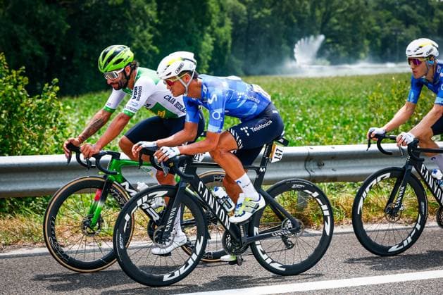 Colombian Fernando Gaviria Rendon of Caja Rural-Seguros RGA and Spanish Javier Romo Oliver of Movistar Team pictured in action during stage 7 of the 2026 Tour de France cycling race, 175km from Hagetmau to Bordeaux, on Friday 10 July 2026. The 113th edition of the Tour de France starts on Saturday 4 July in Barcelona, Spain, and will finish in Paris, France on the 26th of July. POOLxLUCAxBETTINI  x180876823x