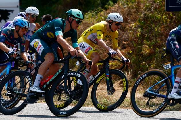 Tour de France 2026 Stage 7 BORDEAUX, FRANCE - JULY 10 : Pedersen Mads (DEN) of Lidl - Trek, Pogacar Tadej (SLO) of UAE Team Emirates - XRG during stage 7 of the 113rd edition of Tour de France an UCI World Tour 2.UWT cycling road race stage for Men Elite of 175 km with start in Hagetmau and finish in Bordeaux on July 10, 2026 in Bordeaux, France, 10 07 2026 Bordeaux France  Copyright: xLucaxBettinix