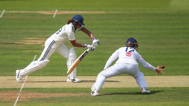 LONDON, ENGLAND - JULY 10: Harmanpreet Kaur of India plays the ball in the air just past Tammy Beaumont of England during day 1 of the Rothesay Test Match between England and India at Lord s Cricket Ground on July 10, 2026 in London, England.  Copyright: xJayxPatel SPPx Sportspressphoto_SPR188380