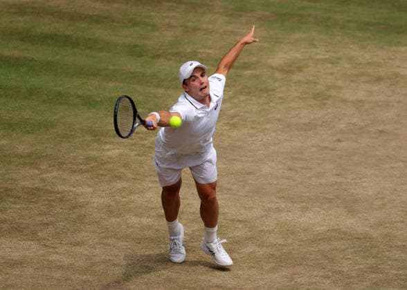 RECORD DATE NOT STATED 10th July 2026; All England Lawn Tennis and Croquet Club, London, England; Wimbledon Tennis Tournament, Day Twelve; Arthur Fery (GBR) with a forehand shot to Alexander Zverev (GER) JohnxPatrickxFletcher