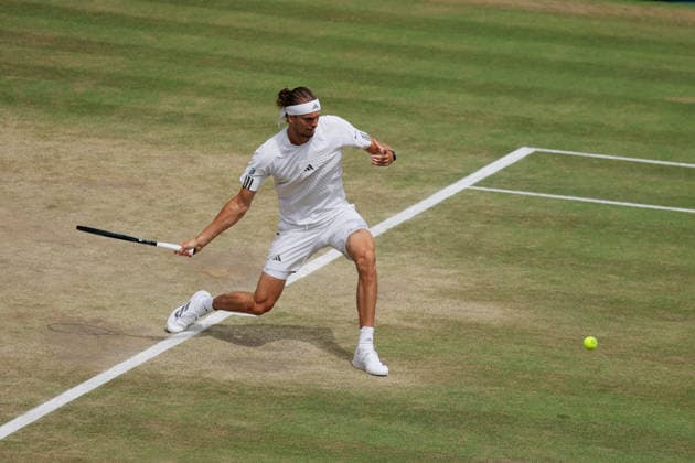 RECORD DATE NOT STATED 10th July 2026; All England Lawn Tennis and Croquet Club, London, England; Wimbledon Tennis Tournament, Day Twelve; Alexander Zverev (GER) with a forehand shot to Arthur Fery (GBR) JohnxPatrickxFletcher