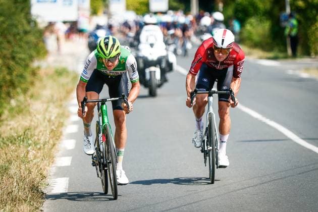 French Baptiste Veistroffer of Lotto Intermarche and Czech Jakub Otruba of Caja Rural-Seguros RGA pictured in action during stage 7 of the 2026 Tour de France cycling race, 175km from Hagetmau to Bordeaux, on Friday 10 July 2026. The 113th edition of the Tour de France starts on Saturday 4 July in Barcelona, Spain, and will finish in Paris, France on the 26th of July. POOLxLUCAxBETTINI  x180886969x