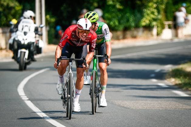 French Baptiste Veistroffer of Lotto Intermarche and Czech Jakub Otruba of Caja Rural-Seguros RGA pictured in action during stage 7 of the 2026 Tour de France cycling race, 175km from Hagetmau to Bordeaux, on Friday 10 July 2026. The 113th edition of the Tour de France starts on Saturday 4 July in Barcelona, Spain, and will finish in Paris, France on the 26th of July. POOLxLUCAxBETTINI  x180886976x
