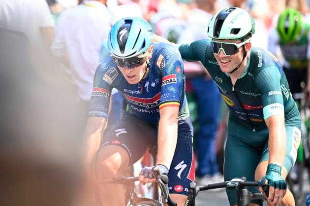 Tour de France 2026 Stage 7 BORDEAUX, FRANCE - JULY 10 : Merlier Tim (BEL) of Soudal Quick-Step and Pedersen Mads (DEN) of Lidl - Trek after stage 7 of the 113rd edition of Tour de France an UCI World Tour 2.UWT cycling road race stage for Men Elite of 175 km with start in Hagetmau and finish in Bordeaux on July 10, 2026 in Bordeaux, France, 10 07 2026 Bordeaux France  Copyright: xTomasxSiskx