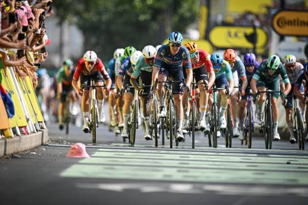 Belgian Tim Merlier of Soudal Quick-Step celebrates after winning the stage 7 of the 2026 Tour de France cycling race, a stage of 175km from Hagetmau to Bordeaux, on Friday 10 July 2026. The 113th edition of the Tour de France starts on Saturday 4 July in Barcelona, Spain, and will finish in Paris, France on the 26th of July. DAVIDxPINTENS  x180888027x