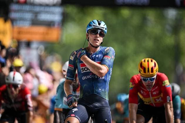 Belgian Tim Merlier of Soudal Quick-Step celebrates after winning the stage 7 of the 2026 Tour de France cycling race, a stage of 175km from Hagetmau to Bordeaux, on Friday 10 July 2026. The 113th edition of the Tour de France starts on Saturday 4 July in Barcelona, Spain, and will finish in Paris, France on the 26th of July. DAVIDxPINTENS  x180888048x