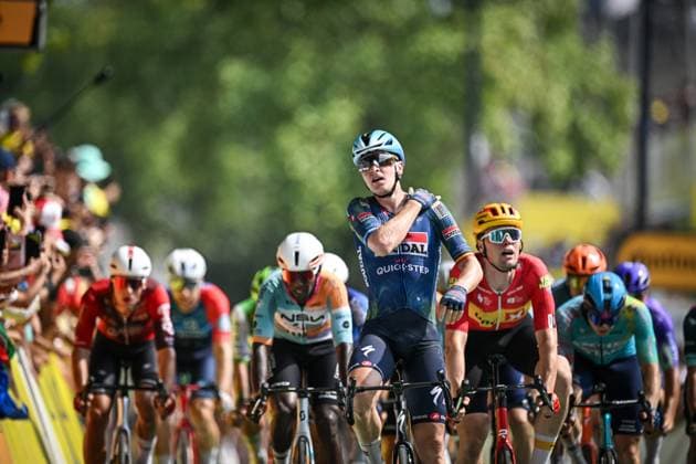 Belgian Tim Merlier of Soudal Quick-Step celebrates after winning the stage 7 of the 2026 Tour de France cycling race, a stage of 175km from Hagetmau to Bordeaux, on Friday 10 July 2026. The 113th edition of the Tour de France starts on Saturday 4 July in Barcelona, Spain, and will finish in Paris, France on the 26th of July. DAVIDxPINTENS  x180888069x