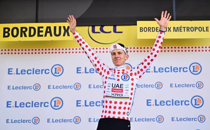 Tour de France 2026 Stage 7 BORDEAUX, FRANCE - JULY 10 : Pogacar Tadej (SLO) of UAE Team Emirates - XRG pictured with the polka dot jersey during the podium ceremony of stage 7 of the 113rd edition of Tour de France an UCI World Tour 2.UWT cycling road race stage for Men Elite of 175 km with start in Hagetmau and finish in Bordeaux on July 10, 2026 in Bordeaux, France, 10 07 2026 Bordeaux France  Copyright: xPeterxDexVoechtx