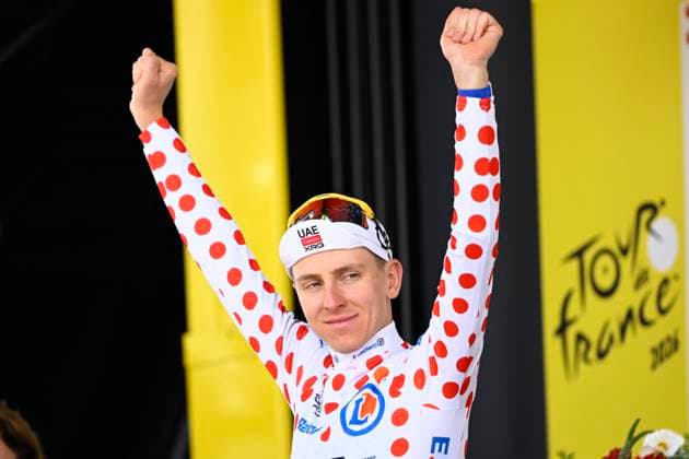 Tour de France 2026 Stage 7 BORDEAUX, FRANCE - JULY 10 : Pogacar Tadej (SLO) of UAE Team Emirates - XRG pictured with the polka dot jersey during the podium ceremony of stage 7 of the 113rd edition of Tour de France an UCI World Tour 2.UWT cycling road race stage for Men Elite of 175 km with start in Hagetmau and finish in Bordeaux on July 10, 2026 in Bordeaux, France, 10 07 2026 Bordeaux France  Copyright: xTomasxSiskx