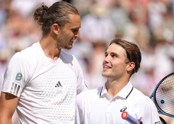 Alexander Zverev, GER, and Arthur Fery, GBR, after semifinal of 2026 All England Lawn Tennis Championships at Wimbledon, mens singles, London, 10 07 2026; - *** Alexander Zverev (GER) and Arthur Fery (GBR) after the semifinal of the 2026 All England Lawn Tennis Championships at Wimbledon, men s singles, London, July 10, 2026 