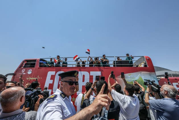 Egypt national football team welcomed back home after 2026 FIFA World Cup, WM, Weltmeisterschaft, Fussball elimination EL-ALAMEIN, EGYPT - JULY 10: Fans gather to welcome members of the Egypt National Football Team upon their arrival at El-Alamein Airport after being eliminated by Argentina from the 2026 FIFA World Cup, in El-Alamein, Egypt, on July 10, 2026. Mohamed Elshahed Anadolu El-Alamein Egypt. Editorial use only. Please get in touch for any other usage.  Copyright: x2026xAnadoluxMohamedxElshahedx