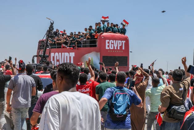 Egypt national football team welcomed back home after 2026 FIFA World Cup, WM, Weltmeisterschaft, Fussball elimination EL-ALAMEIN, EGYPT - JULY 10: Fans gather to welcome members of the Egypt National Football Team upon their arrival at El-Alamein Airport after being eliminated by Argentina from the 2026 FIFA World Cup, in El-Alamein, Egypt, on July 10, 2026. Mohamed Elshahed Anadolu El-Alamein Egypt. Editorial use only. Please get in touch for any other usage.  Copyright: x2026xAnadoluxMohamedxElshahedx