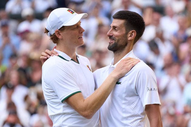 2026 Wimbledon, July 10, Semifinal LONDON, - JULY 10: Jannik Sinner of Italy at the net with Novak Djokovic of Serbia after the 2026 Wimbledon, July 10, Semifinal at The all England club, Wimbledon on July 10, 2026 in London, GBR. London The all England club, Wimbledon GBR Copyright: xPeterxvanxdenxBerg ISIxPhotosx 9492